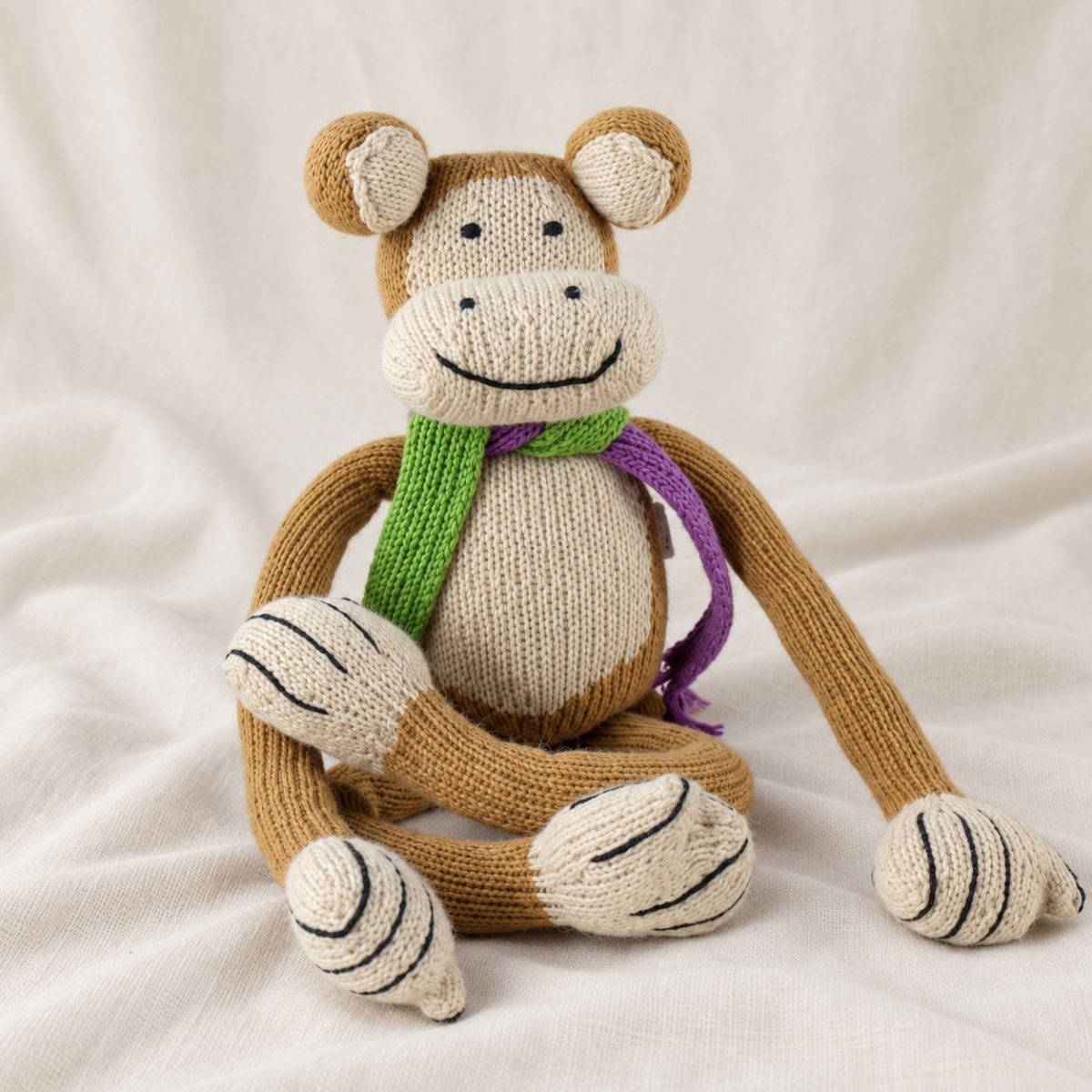 Handgestricktes Bio Kuscheltier Affe Gonzalo aus Baumwolle mit langen Armen und buntem Schal