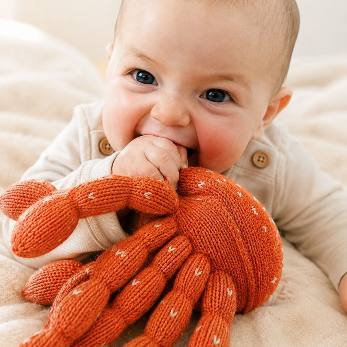 Baby kuschelt handgestrickten Kuscheltier Krebs aus Bio-Baumwolle