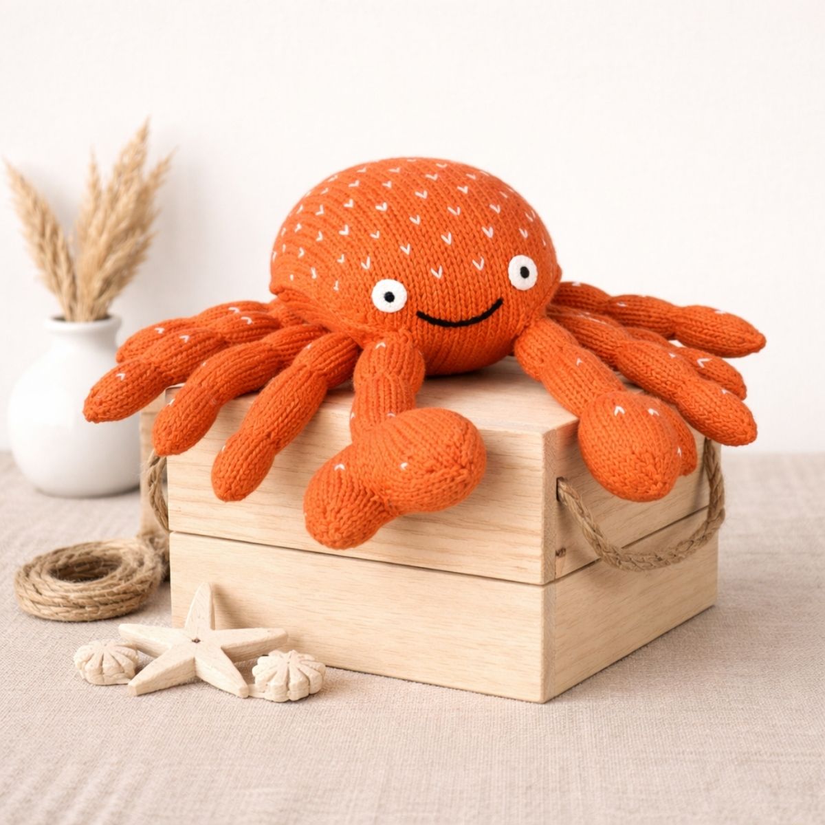 Orangefarbenes Kuscheltier Krebs aus Bio-Baumwolle auf einer hellen Holzbox im minimalistischen maritimen Katalog-Setting