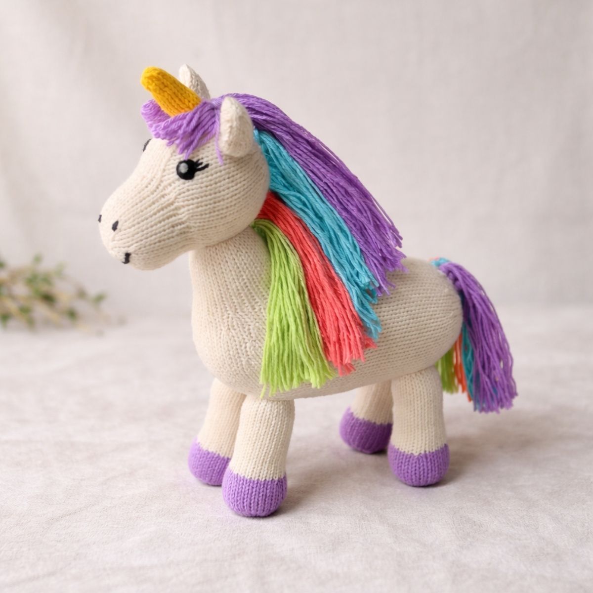 Handgestricktes Bio Kuscheltier Einhorn aus Bio-Baumwolle mit bunter Mähne auf naturfarbenem Hintergrund