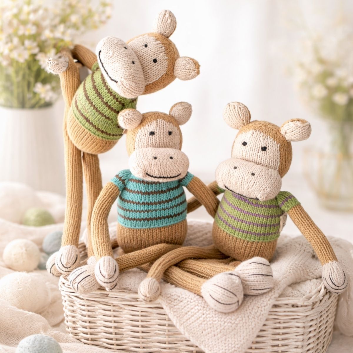 Drei handgestrickte Bio Kuscheltier Äffchen auf hellem verspieltem Hintergrund