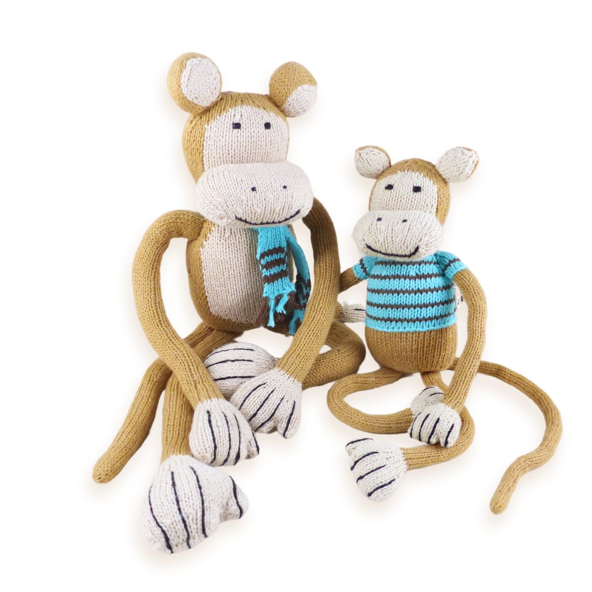 Geschenk für Geschwisterkinder – handgestrickte Bio-Affen aus fairer Produktion, hypoallergen, schadstofffrei und waschbar – ideal zum Kuscheln, Spielen und Trösten.
