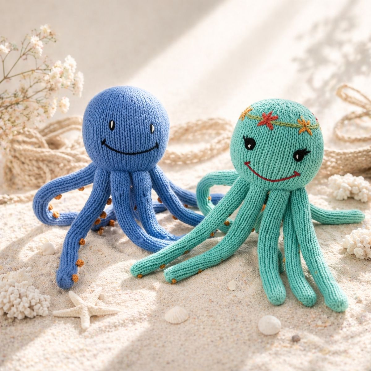 Zwei Oktopus Kuscheltiere aus Bio-Baumwolle als Geschenk zur Geburt für Zwillinge