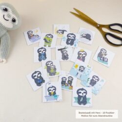DIY Abendroutine für Kinder – 16 Faultierkarten zum Ausschneiden auf beigem Hintergrund mit Schere und Stofffaultier