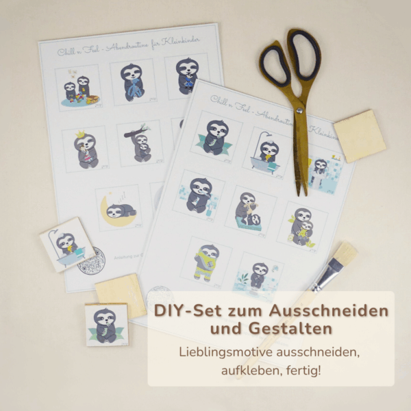 DIY-Set zur Abendroutine für Kinder mit liebevollen Faultierkarten zum Ausschneiden und Aufkleben. Bastelidee für ruhige Abende und entspannte Rituale.