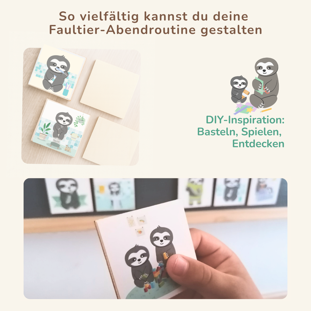 DIY-Inspiration zur Faultier-Abendroutine: Holzplättchen mit liebevollen Faultiermotiven zum Basteln, Spielen und Entdecken.
