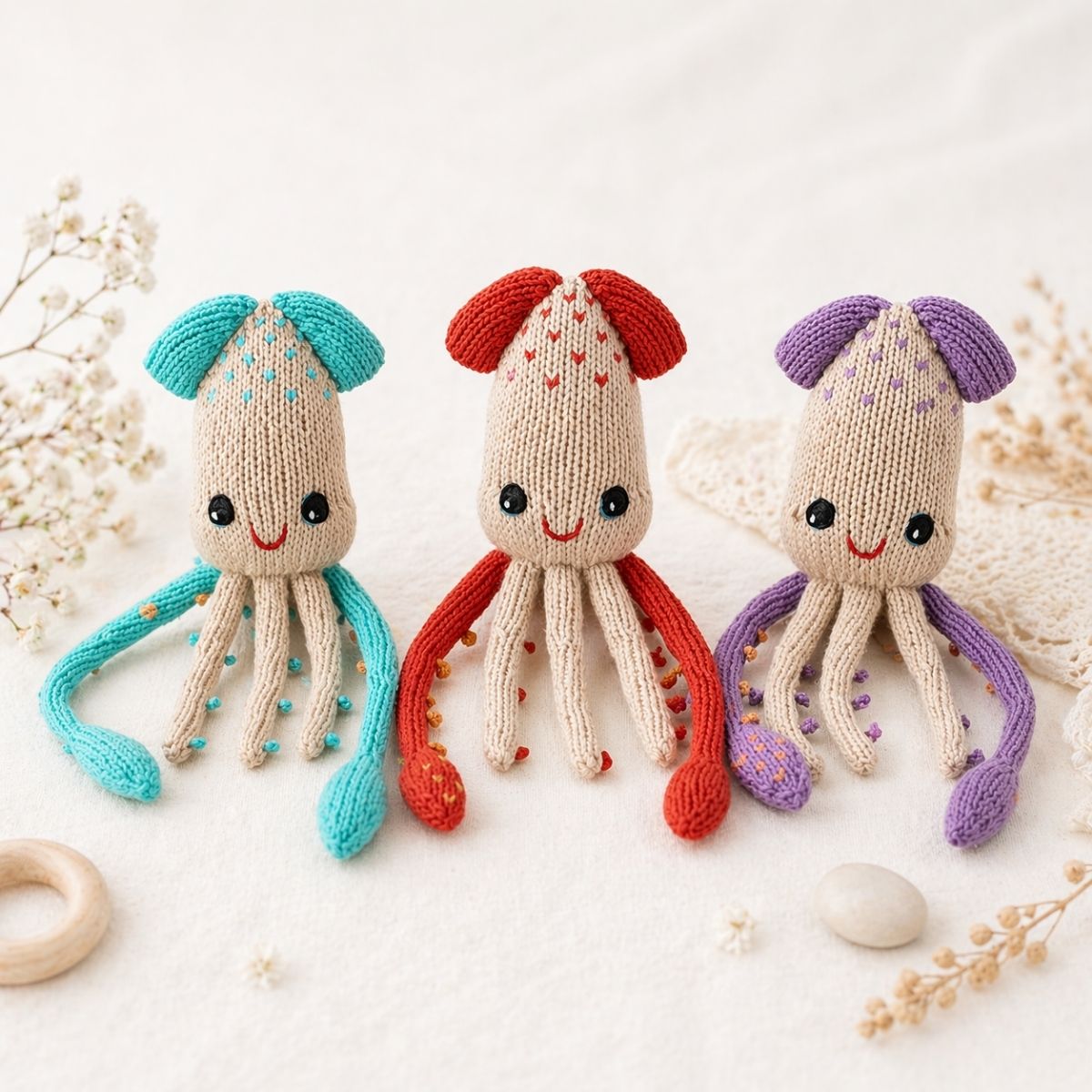 Geschenk für Zwillinge zur Geburt – handgestricktes Kalmar Kuschelset aus Bio-Baumwolle