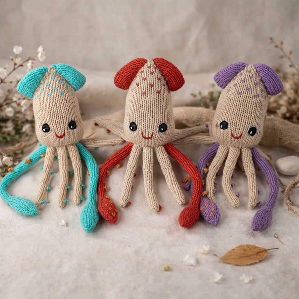 Geschenk für Zwillinge zur Geburt – handgestricktes Kalmar Kuschelset aus Bio-Baumwolle