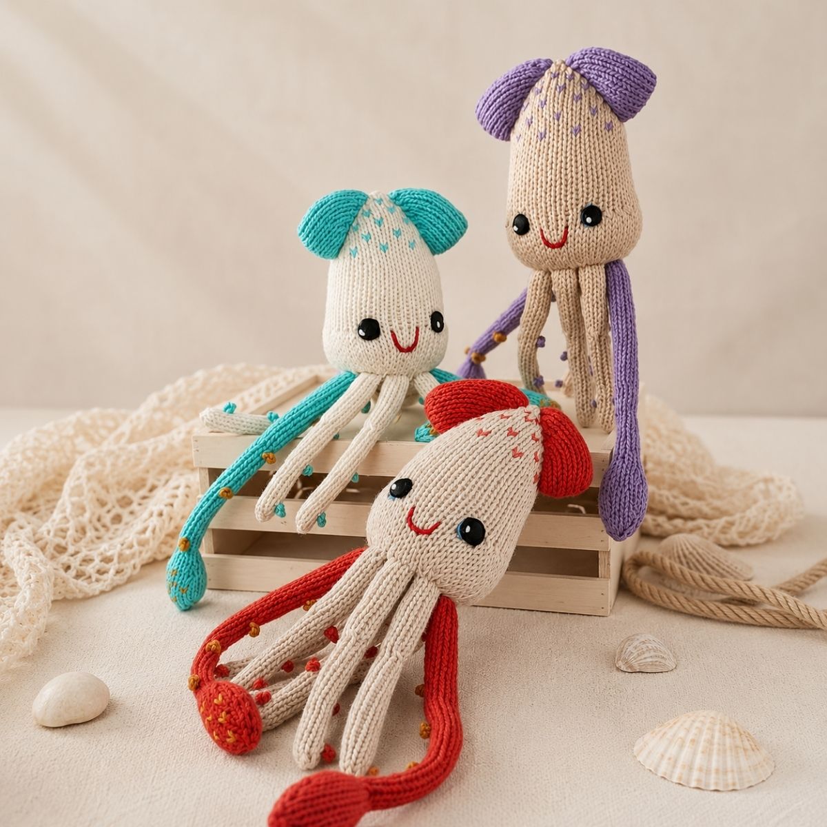 Handgestrickte Kuscheltier Kalmare aus Bio-Baumwolle als Geschenk für Zwillinge und Babys