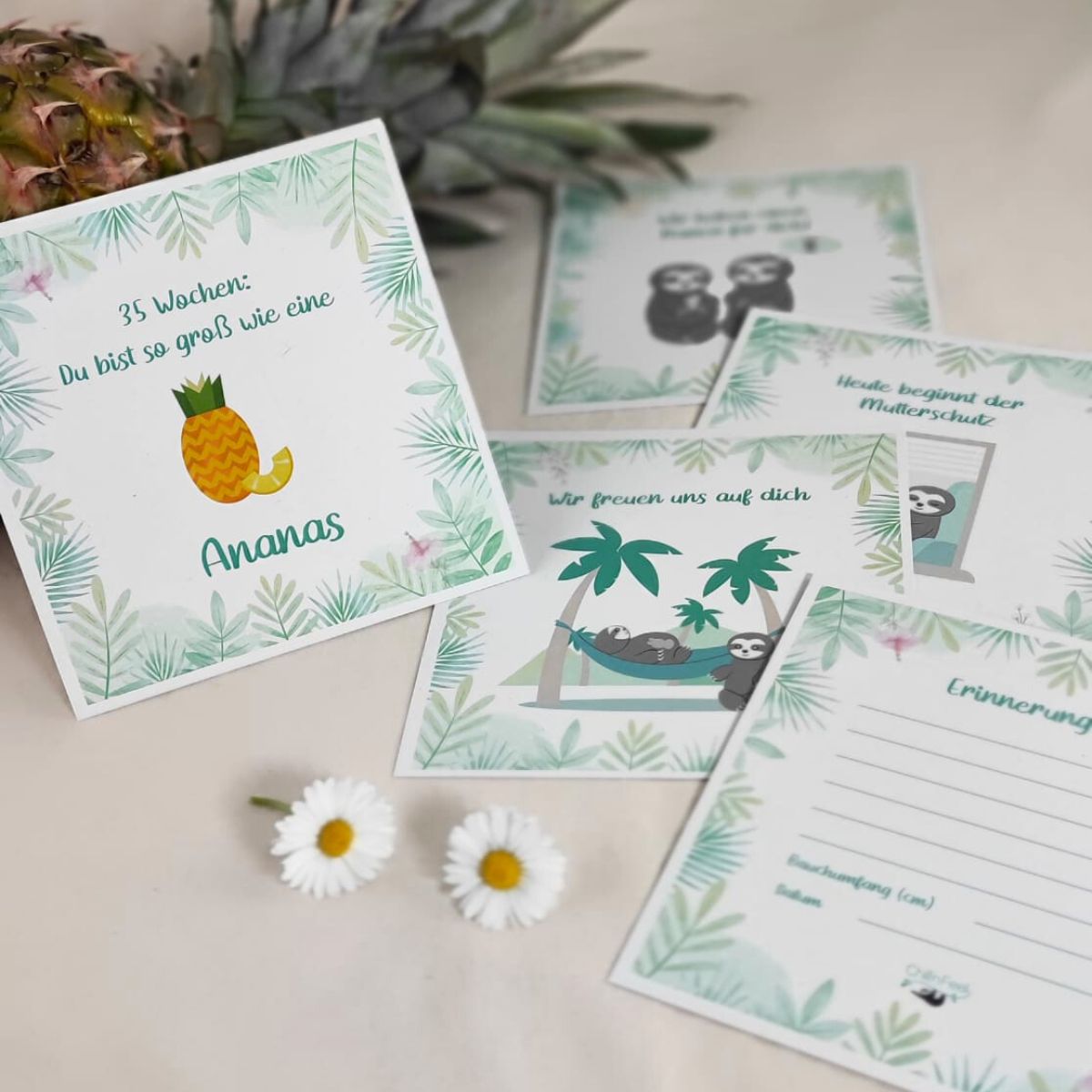 Meilensteinkarten zur Schwangerschaft mit niedlichen Faultier-Illustrationen, um Erinnerungen an die Babybauchzeit festzuhalten.