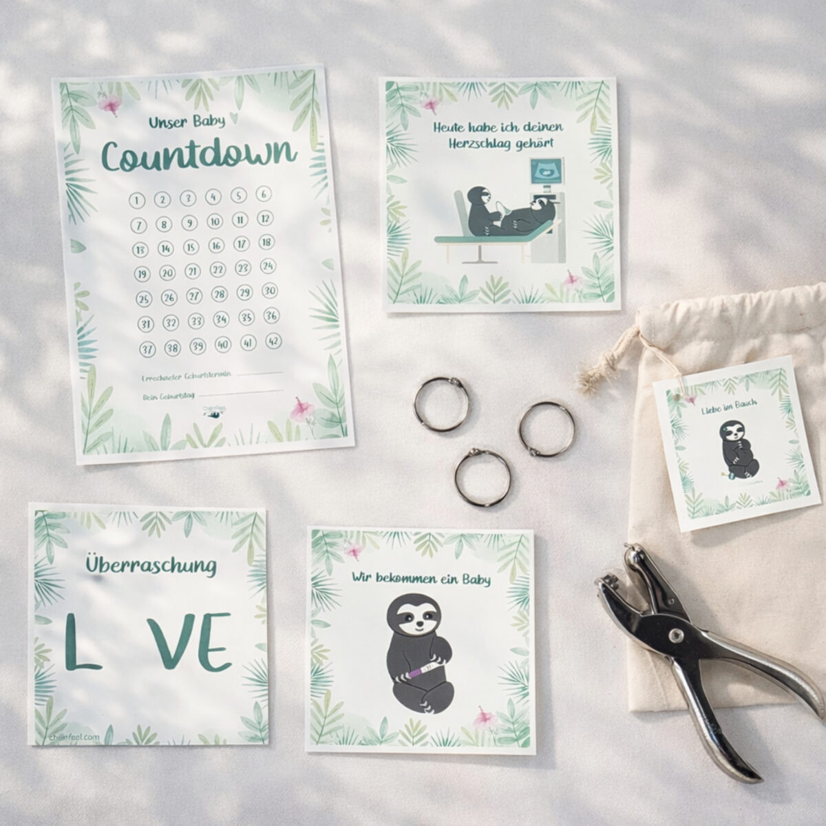 Schwangerschaft Erinnerungsalbum mit 31 Meilensteinkarten, Faultier-Motiven, Baby Countdown und Buchringen – nachhaltiges Set mit Eukalyptus Dekoration