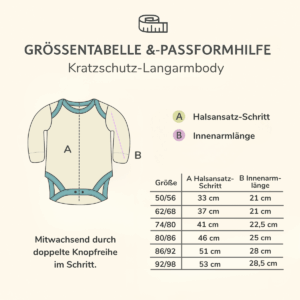 Größentabelle und Passformhilfe für Body mit Kratzschutz aus Pima Baumwolle mit doppelter Knopfreihe im Schritt zum Mitwachsen.