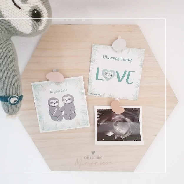 Memory-Board zur Schwangerschaftsverkündung mit Rubbelkarte, Meilensteinkarte und Ultraschallbild
