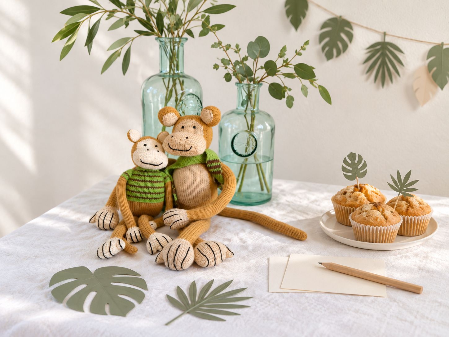 Baby Shower Party mit Dschungeldeko: zwei gestrickte Affen, grüne Zweige in Glasvasen, Papierblätter und Muffins auf einem weißen Tisch.