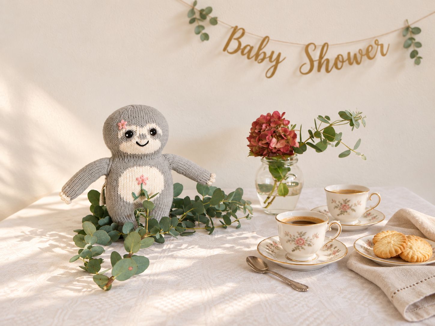 Baby Shower Party mit gestricktem Faultier, Eukalyptus, blumigen Espressotassen und Keksen auf weißem Leinen unter einer goldenen Girlande.