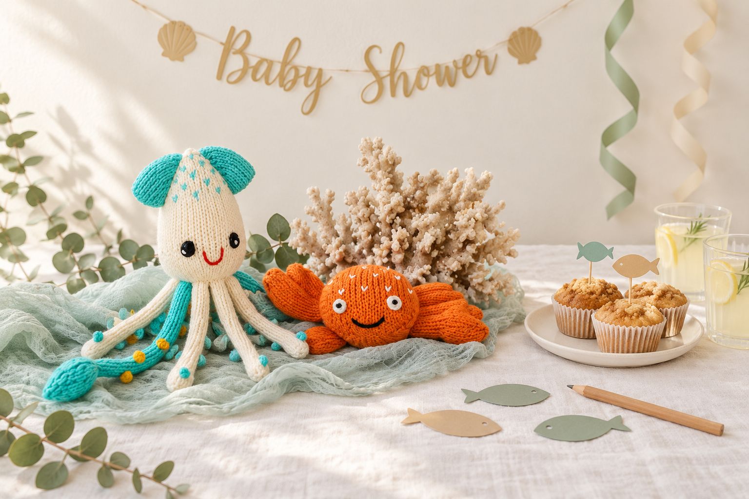 Baby Shower Party mit gestricktem Kalmar und orangefarbenem Krebs, meergrünem Stoff, Papierfischen, Muffins und goldener Girlande.