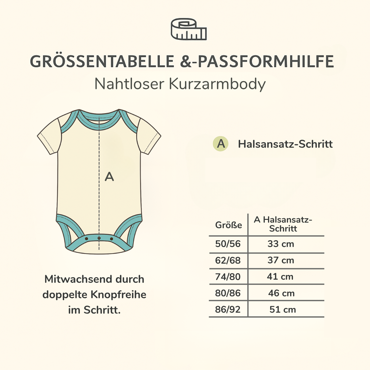 Größentabelle Body mit Kratzschutz aus Pima Baumwolle – Maß A: Halsansatz-Schritt, Maß B: Innenarmlänge