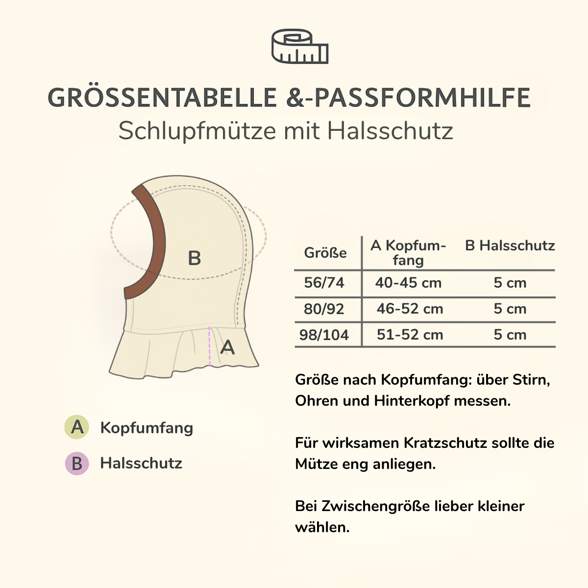 Größentabelle Schlupfmütze bei Neurodermitis – Maß A: Kopfumfang, Maß B: Halsschutz