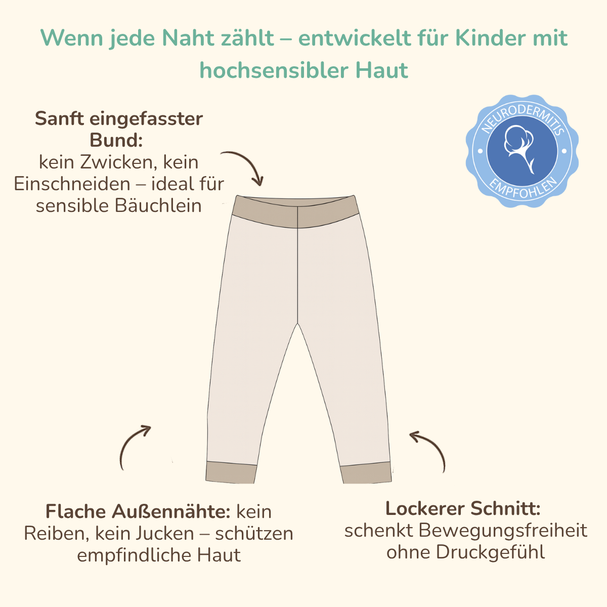 Neurodermitis Hose – weich, nahtarm und hautfreundlich Neurodermitis Hose mit flachen Außennähten und weichem Bund – entwickelt für Kinder mit hochsensibler Haut.