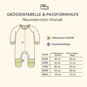 Größentabelle für Overall mit Kratzschutz aus Pima Baumwolle von Chill n Feel. Zeigt Maße für Länge und Breite zur Orientierung bei der Größenwahl.