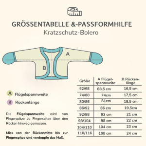 Größentabelle und Passformhilfe für Kratzhandschuhe bei Neurodermitis – Kratzschutz-Bolero mit geschlossenen Ärmeln aus Pima Baumwolle, als sanfte Alternative zu Scratch Sleeves.