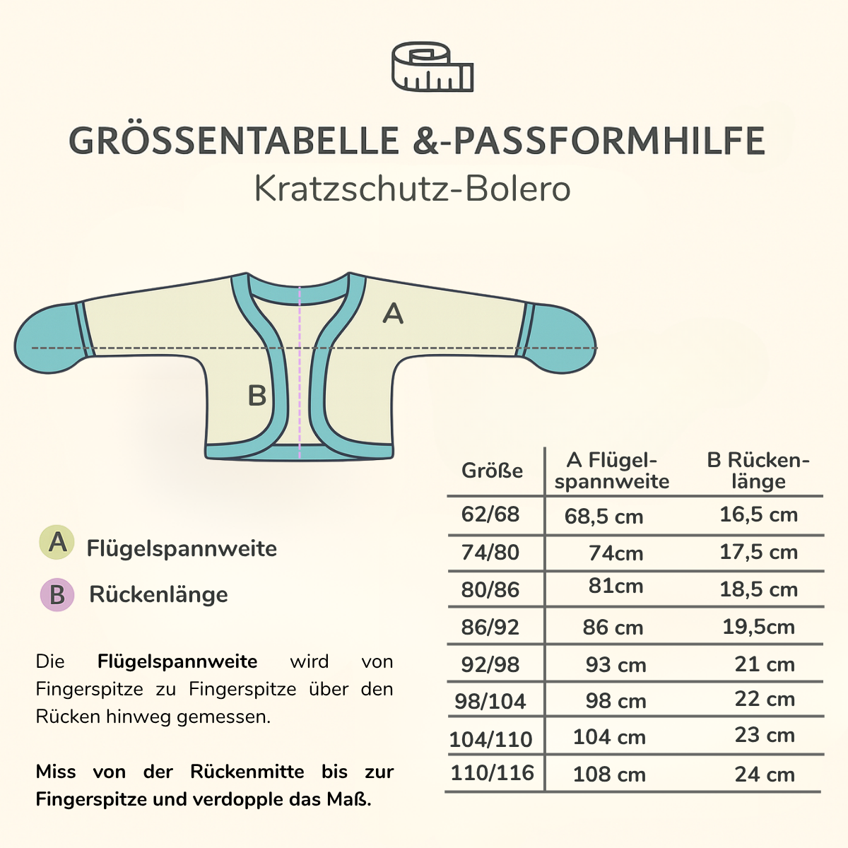 Größentabelle Kratzschutz-Bolero (Kratzhandschuhe integriert) – Maß A: Flügelspannweite, Maß B: Rückenlänge