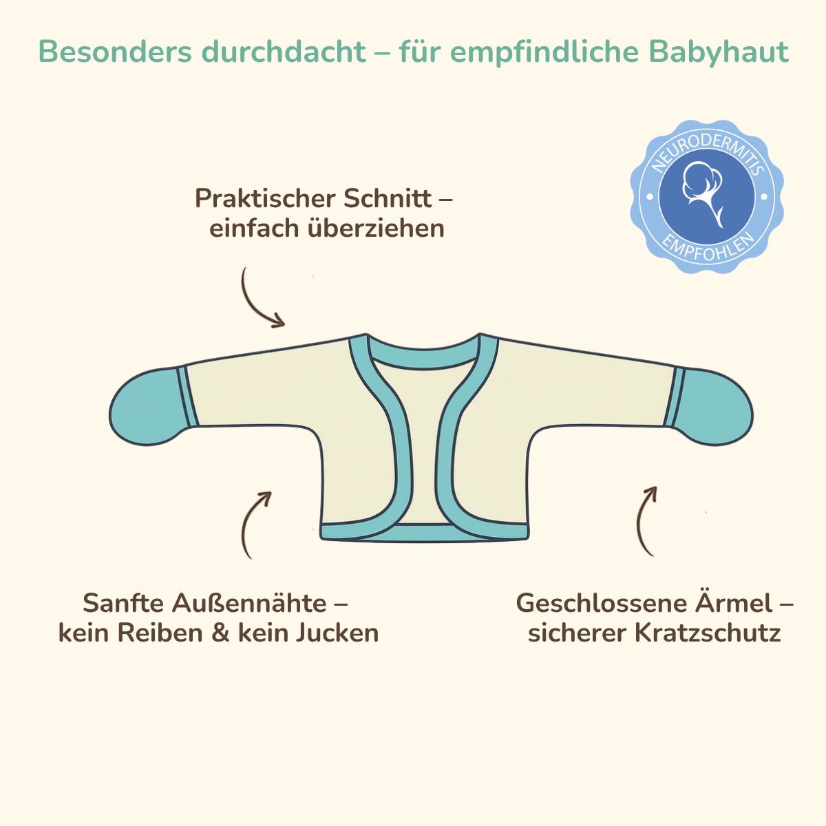Kratzschutz-Bolero – sanfte Alternative zu Kratzhandschuhen bei Neurodermitis Kratzschutz-Bolero mit geschlossenen Ärmeln – sanfte Alternative zu Kratzhandschuhen bei Neurodermitis. Aus weicher Pima Baumwolle mit Außennähten, einfach überzuziehen, für ruhige Nächte ohne Kratzen.
