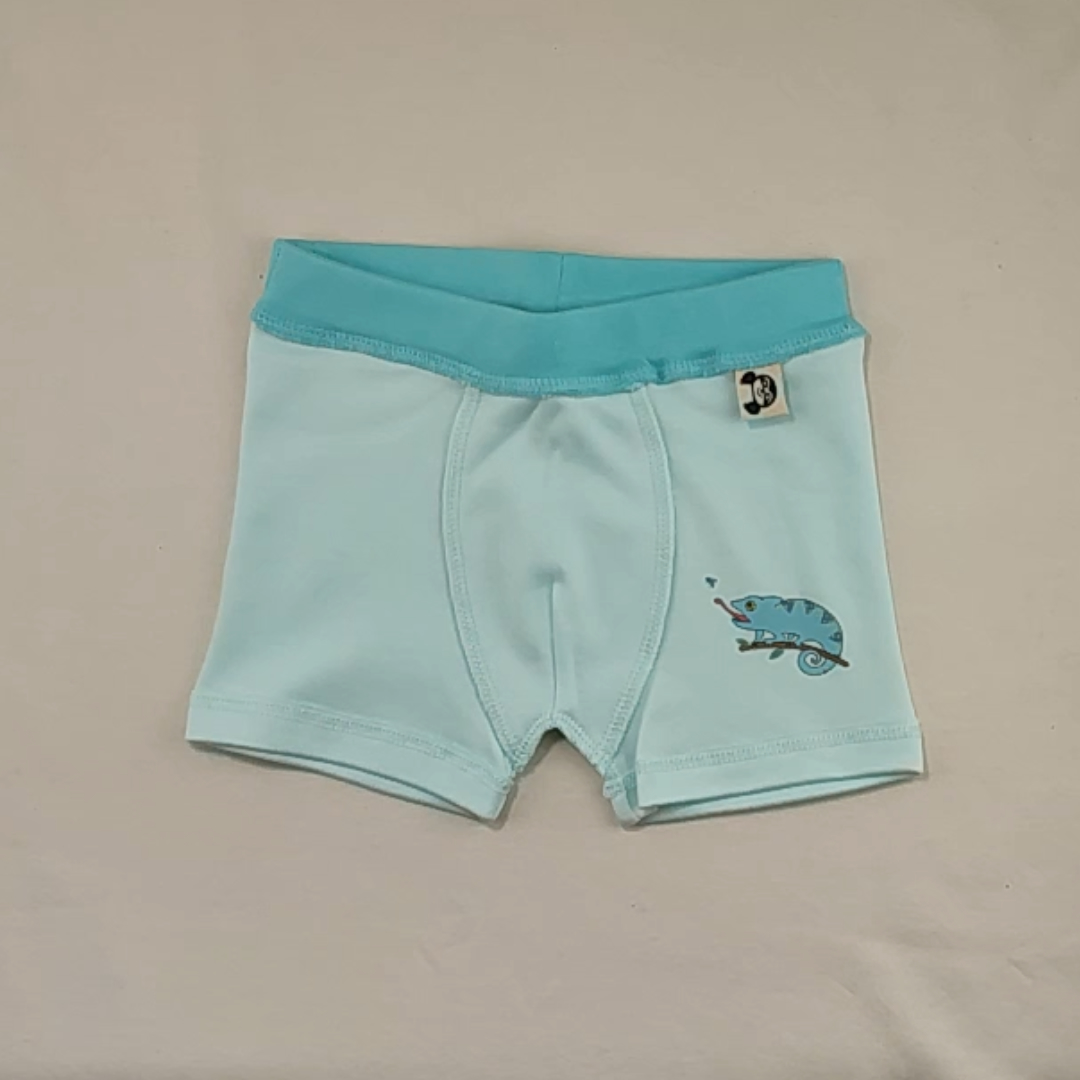 Jungen-Unterhose aus Bio-Pima-Baumwolle mit breitem Bund, von Händen im Produktvideo präsentiert.
