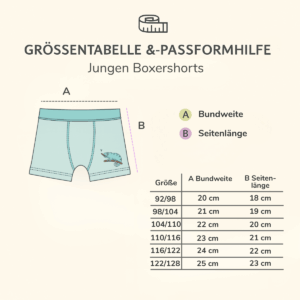 Größentabelle für nahtlose Jungen Boxershorts aus Bio-Pima Baumwolle – Maße für Bundweite und Seitenlänge