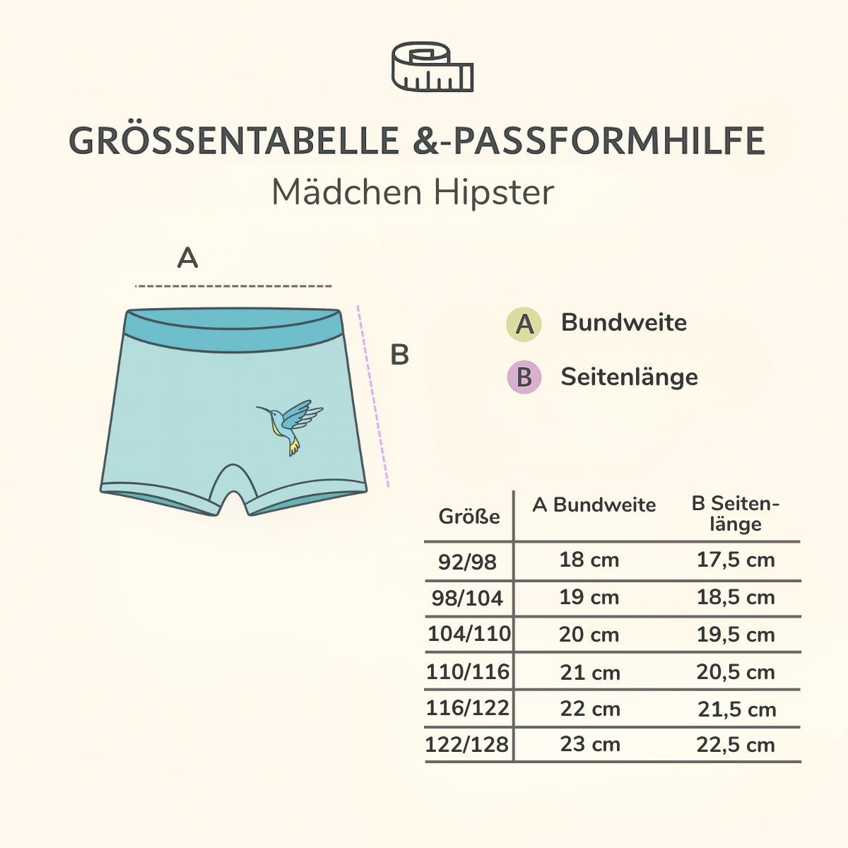 Größentabelle für nahtlosen Mädchen Hipster aus Pima Baumwolle – Maße für Bundweite und Seitenlänge.