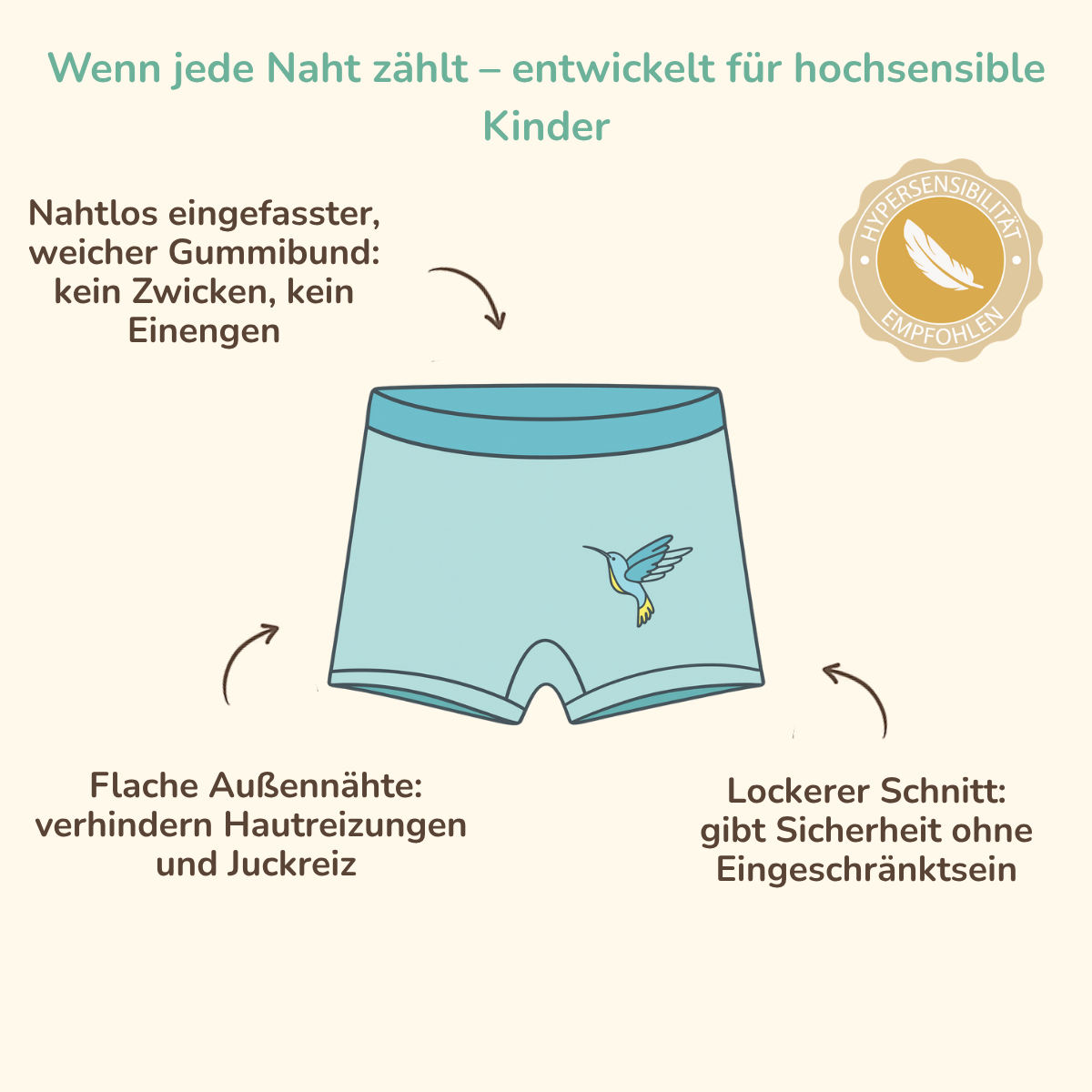 Nahtloser Mädchen Hipster aus Bio-Pima Baumwolle mit weichem Gummibund und flachen Außennähten – entwickelt für hochsensible Kinder.