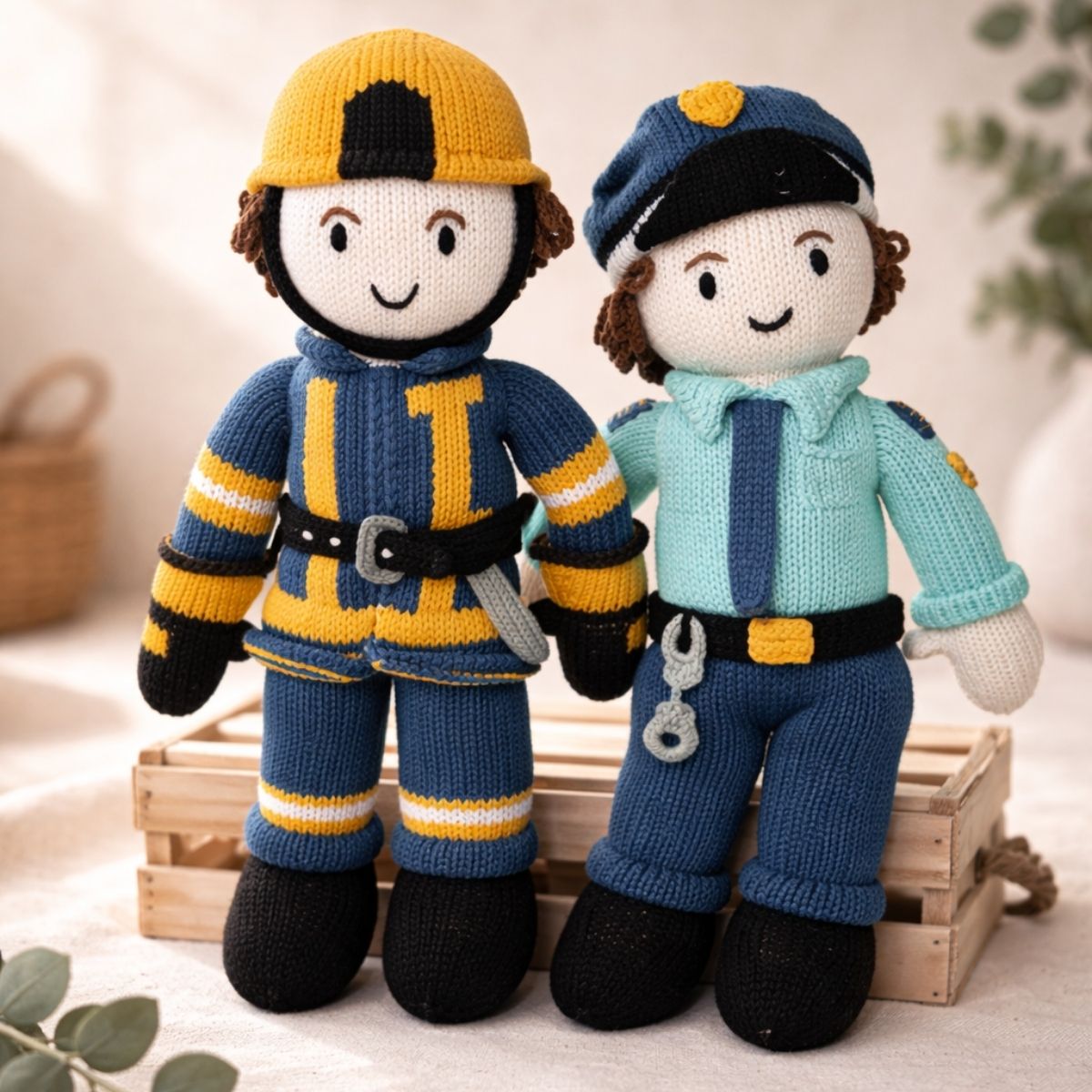 Nachhaltiges Geschwister Geschenk: Bio Kuschel-Puppen Feuerwehrmann und Polizist