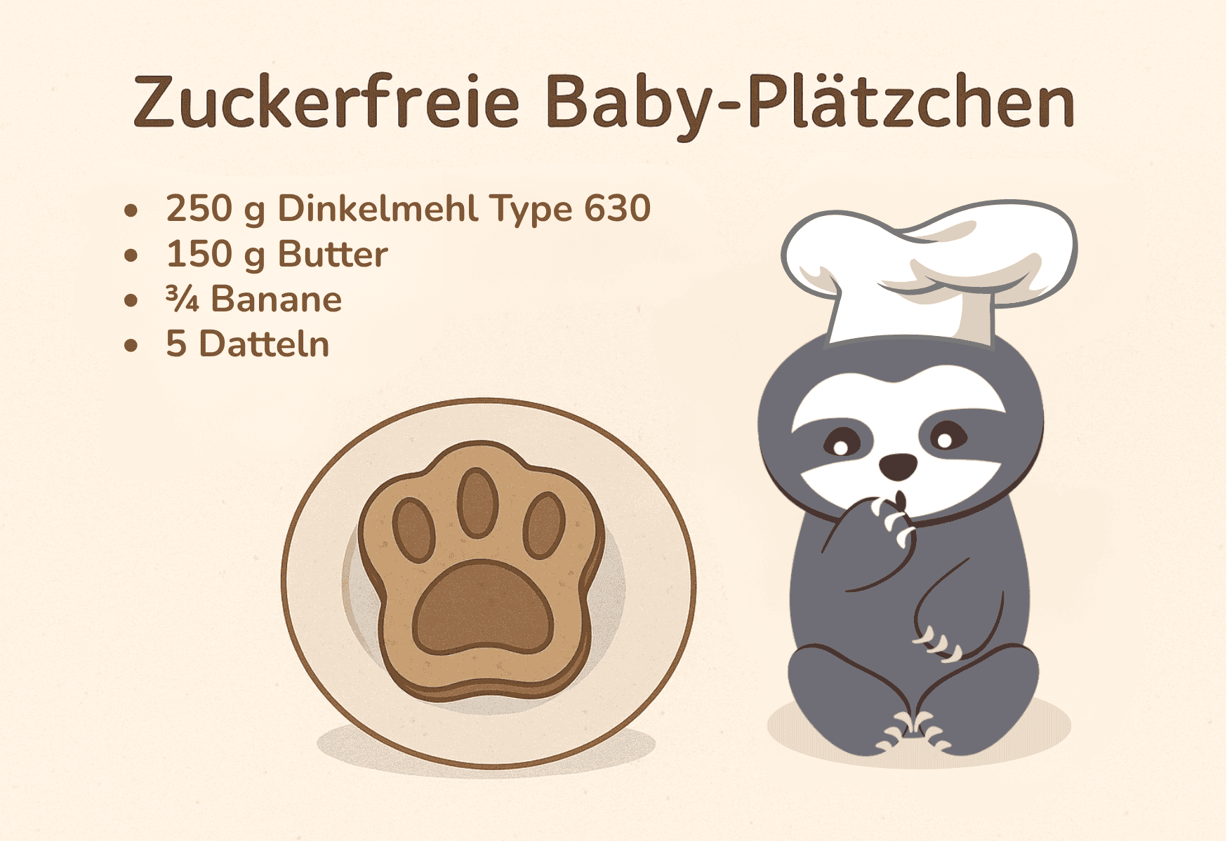 Rezeptgrafik für zuckerfreie Baby-Plätzchen mit Faultier-Maskottchen und Pfotenplätzchen.