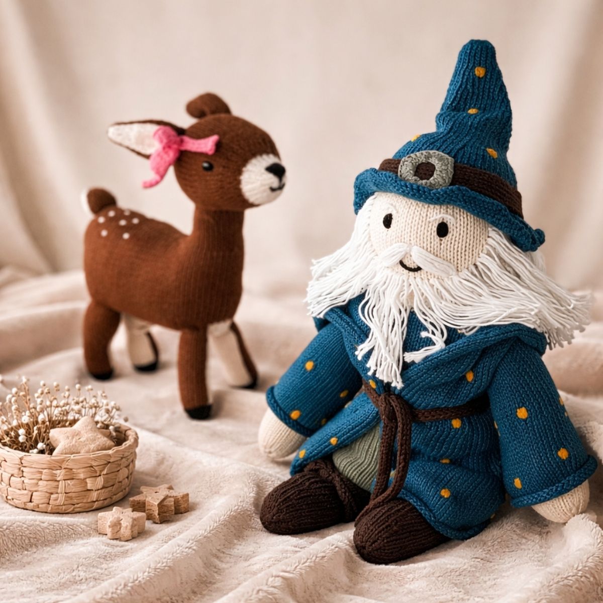 Zauberhaftes Geschenk zur Geburt – handgestrickter Magier und Reh Kuschelset aus Bio-Baumwolle