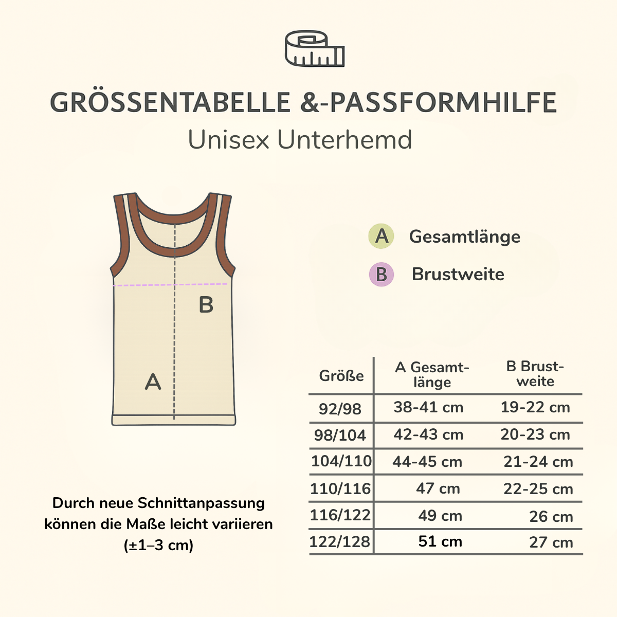 Größentabelle für nahtloses Kinder Unterhemd aus Bio-Pima Baumwolle mit Brustweite und Gesamtlänge – ideal für hochsensible Haut