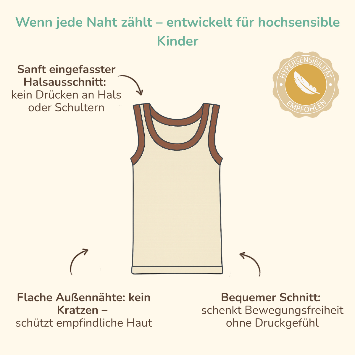 Nahtloses Kinder Unterhemd mit flachen Außennähten, sanft eingefasstem Halsausschnitt und bequemem Schnitt für hochsensible Haut