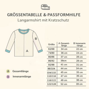 Größentabelle und Passformhilfe für das Neurodermitis Langarmshirt mit Kratzschutz aus Pima Baumwolle – zeigt Gesamtlänge und Innenarmlänge für alle Größen.