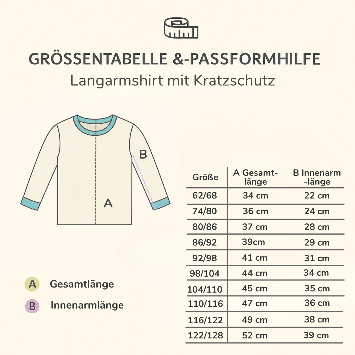 Größentabelle Body mit Kratzschutz aus Pima Baumwolle – Maß A: Halsansatz-Schritt, Maß B: Innenarmlänge