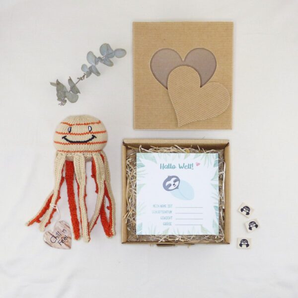 Herz Babygeschenkbox zur Geburt mit FüllMich Oktopus und Baby Meilensteinkarten