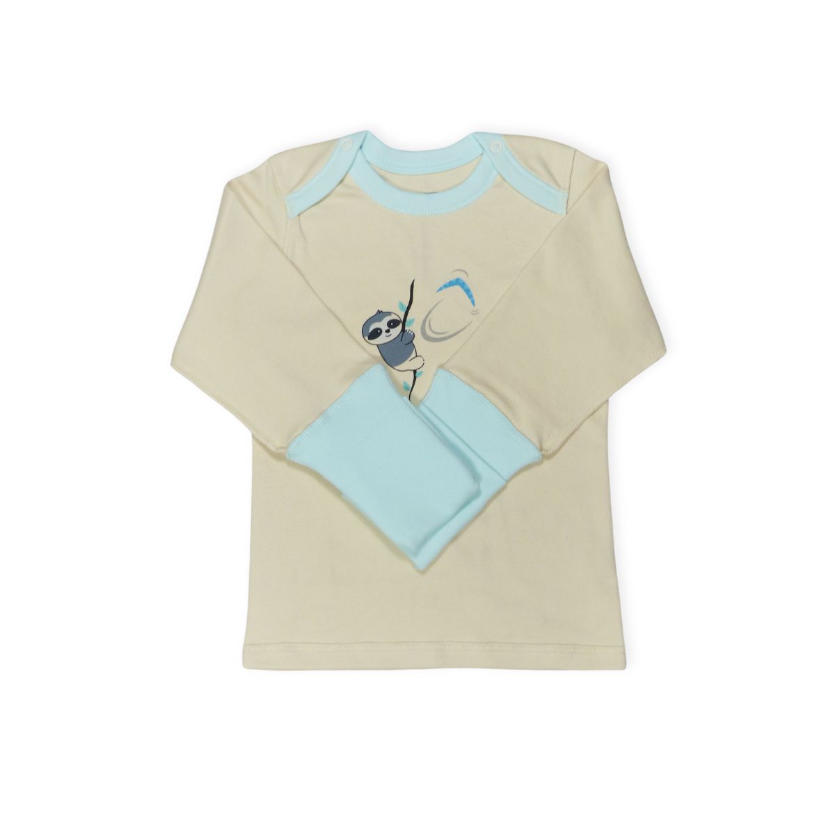 Langarmshirt beige mit hellblauen Kratzschutzbündchen aus Pima Baumwolle, perfekt für Kinder mit Neurodermitis