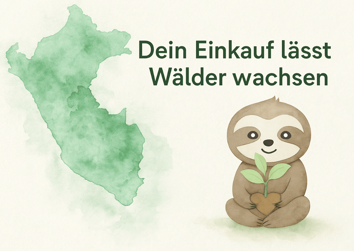 Illustration zum Green Weekend 2025 statt Black Friday: Karte von Südamerika mit Amazonasgebiet in Grün, daneben Faultier Chilly mit Pflänzchen und Text ‚Dein Einkauf lässt Wälder wachsen