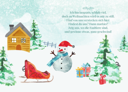 Winterliche Postkarte mit Suchspiel für das Weihnachtsgewinnspiel. In einer verschneiten Landschaft haben sich 5 Faultiere versteckt.