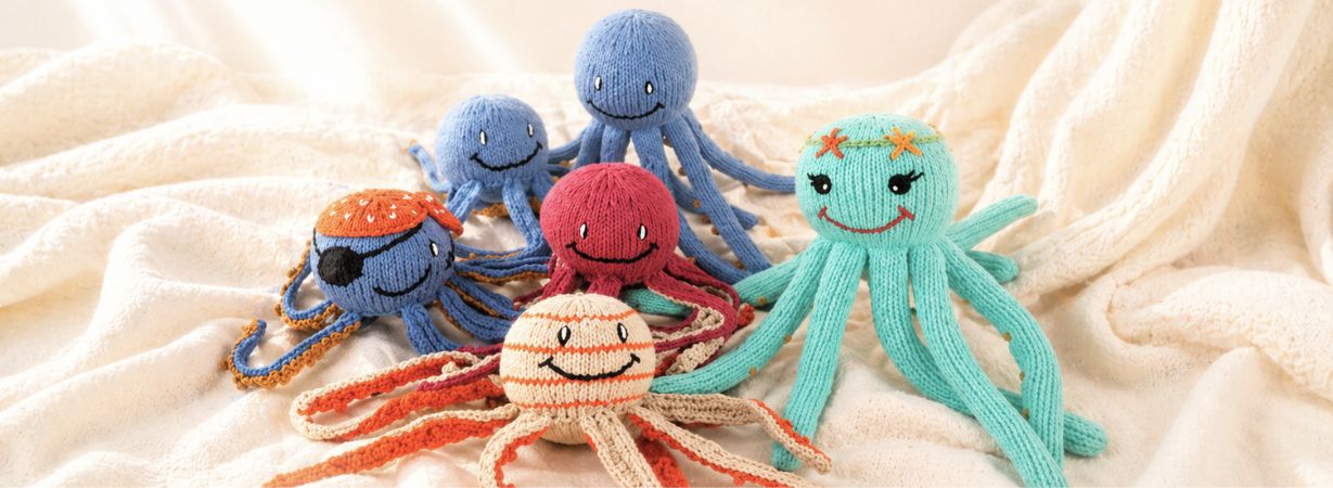 Handgestrickte Oktopus-Kuscheltiere aus Bio-Baumwolle auf weicher Babydecke als liebevolle Begleiter beim Känguruhen.
