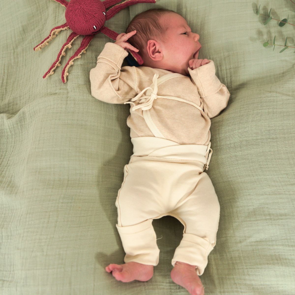 Frühchen trägt weiche Hose mit Nabelbund aus Bio Pima Baumwolle auf grüner Decke mit Kuscheltier