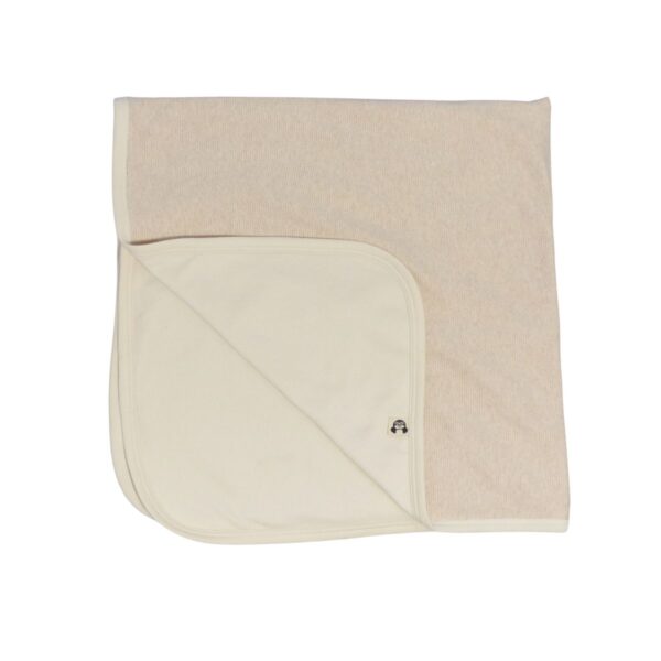 Zweilagige Babydecke aus Bio Baumwolle in Beige, mit naturfarbener Einfassung