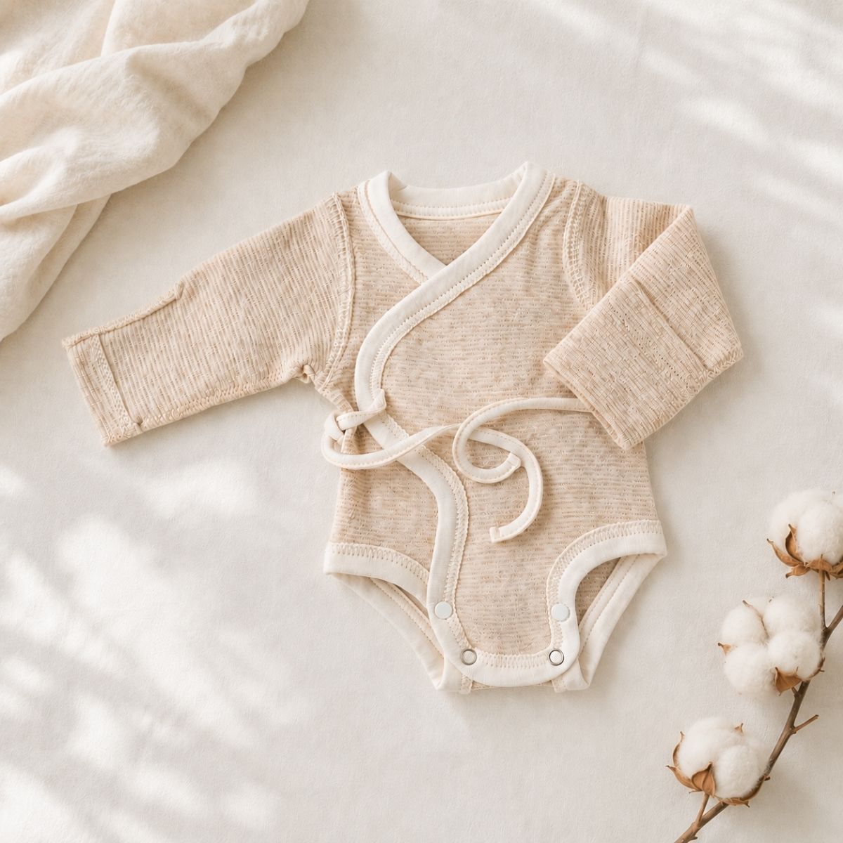 Frühchen Body aus Pima Baumwolle in Beige auf hellem Stoffhintergrund – hautfreundlicher Wickelbody für Frühchen und Neugeborene
