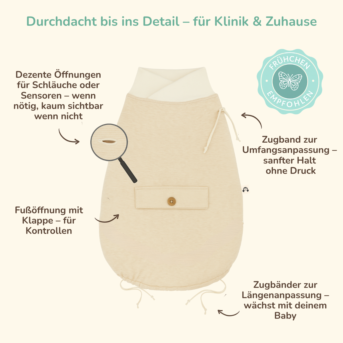Strampelsack & Babyschlafsack für Frühchen – durchdacht & hautfreundlich Strampelsack und Babyschlafsack für Frühchen und Neugeborene aus GOTS-zertifizierter Pima Bio-Baumwolle – durchdachtes Design mit Öffnungen für Schläuche und Zugbändern zur Anpassung.