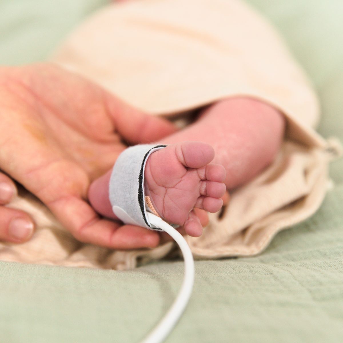 Frühchen im Strampelsack aus Bio-Baumwolle – Babyfuß mit Sensor für medizinische Versorgung, ohne dass das Kind auskühlt