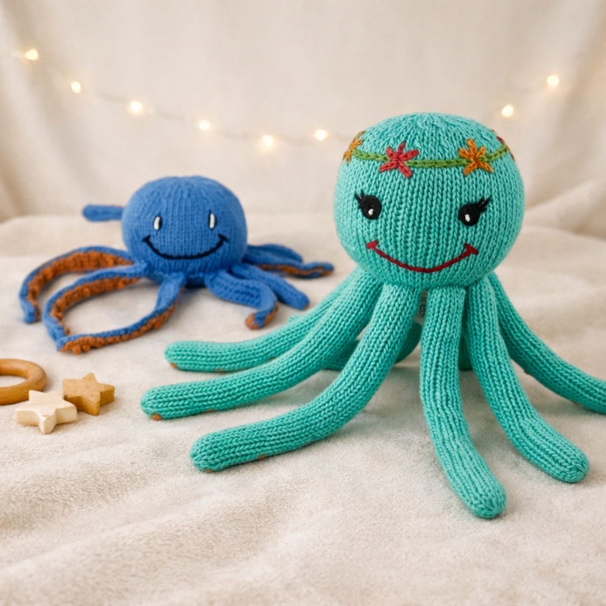 Geschwistergeschenk Oktopus Kuschelset aus Bio Baumwolle – großer und kleiner handgestrickter Oktopus
