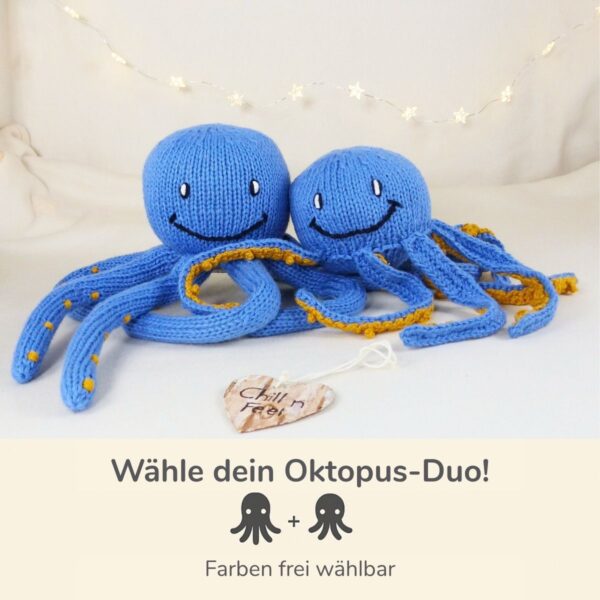 Auswahl handgemachter Oktopus-Kuscheltiere aus Bio-Baumwolle als liebevolles Geschwistergeschenk